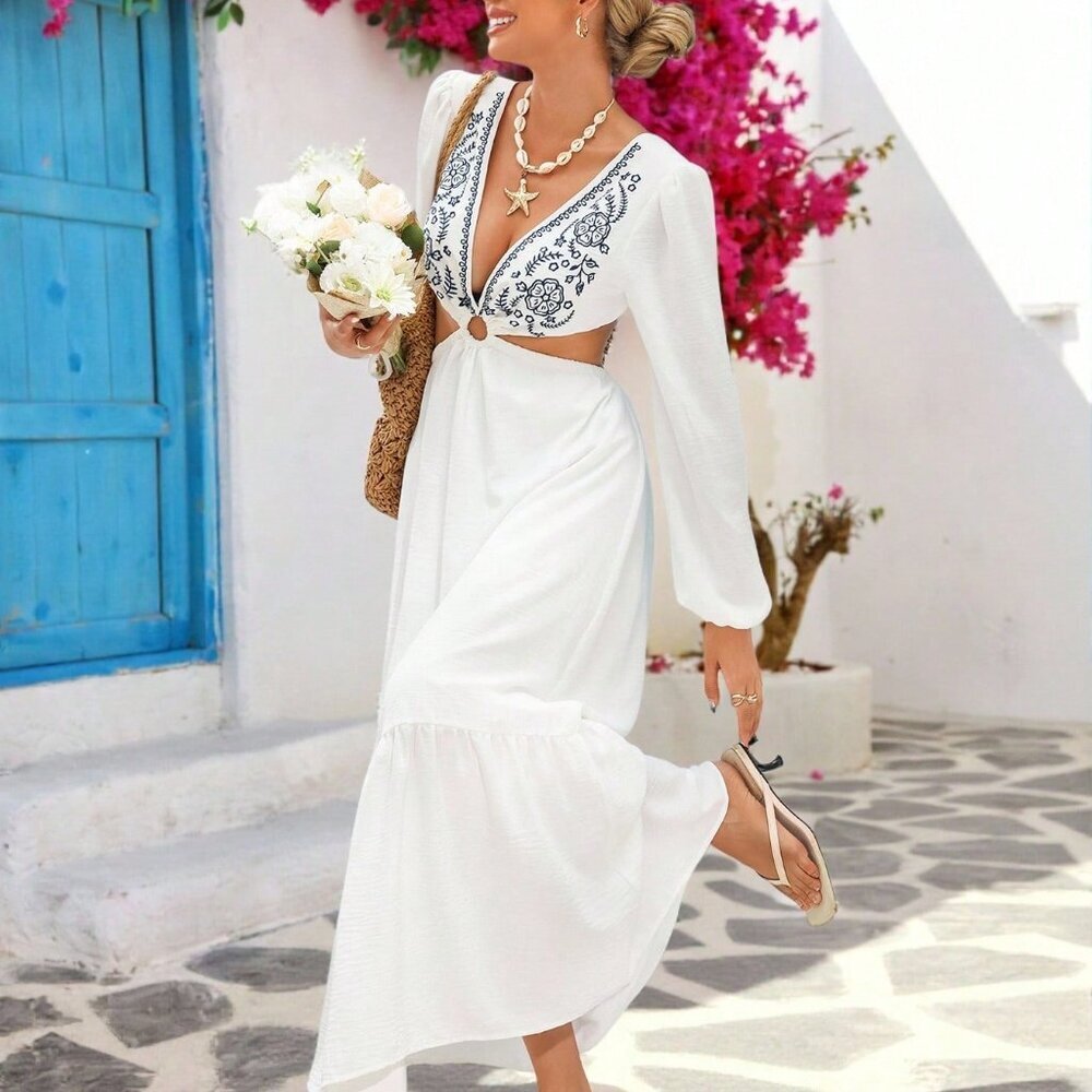 Blue And White Boho Women's Dresses - Picture 3 of 7